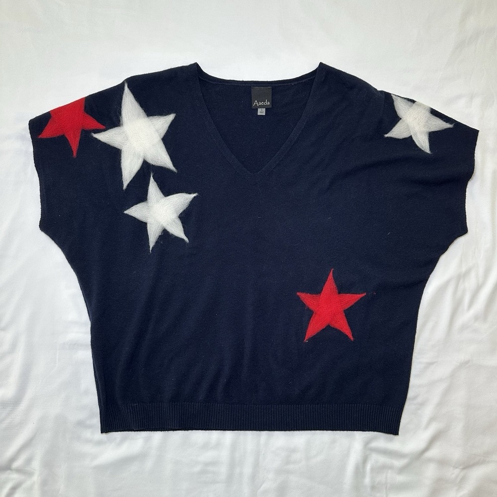 Aaeda L Navy Short Sleeve V-Neck Sweater Red White Felt Stars Applique Americana